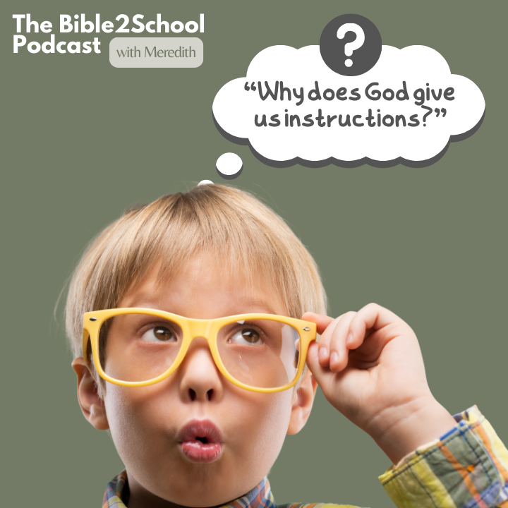 A picture of a little boy in yellow glasses with a thought bubble that says why does God give us instructions